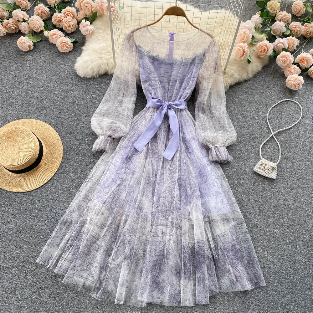 BerryBetty - Elegant Women Mesh Dress Vintage Lantern Sleeves Printed Party Dresses Spring Summer Patchwork A Line Bandage Beach Dress