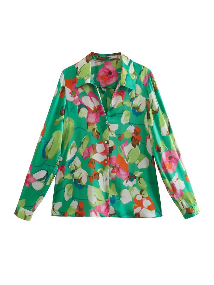 BerryBetty - Women Vintage Contrast Color Print Single Breasted Blouse Female Casual Satin Long Sleeve Thin Shirts Ladies Chic Tops