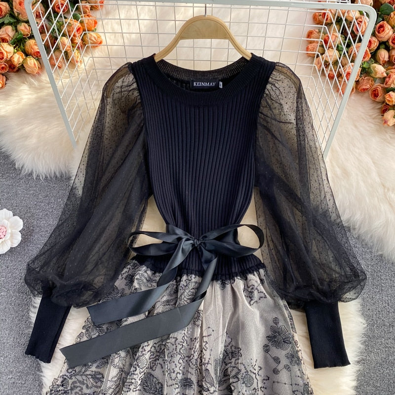 BerryBetty - Elegant Mesh Knitted Stitching Dress Women Vintage Puff Sleeve Round Neck A Line Party Dresses Ladies Bandage Printing Dress