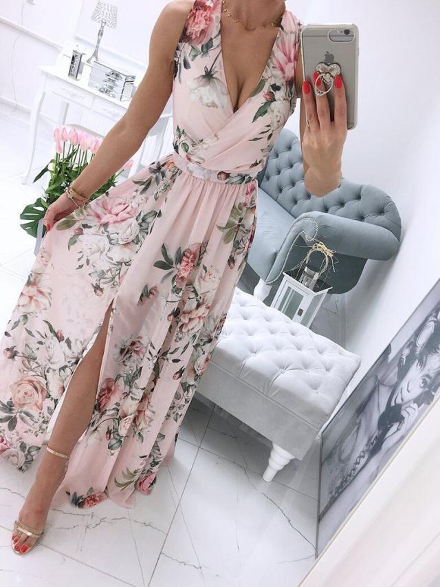 BerryBetty - Sexy Long Evening Dress Elegant Dress For Women V-neck Side Split Party Dresses Female Summer Fashion Casual Club Ladies Clothes