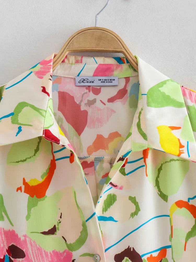 BerryBetty - Women Vintage Contrast Color Print Single Breasted Blouse Female Casual Satin Long Sleeve Thin Shirts Ladies Chic Tops