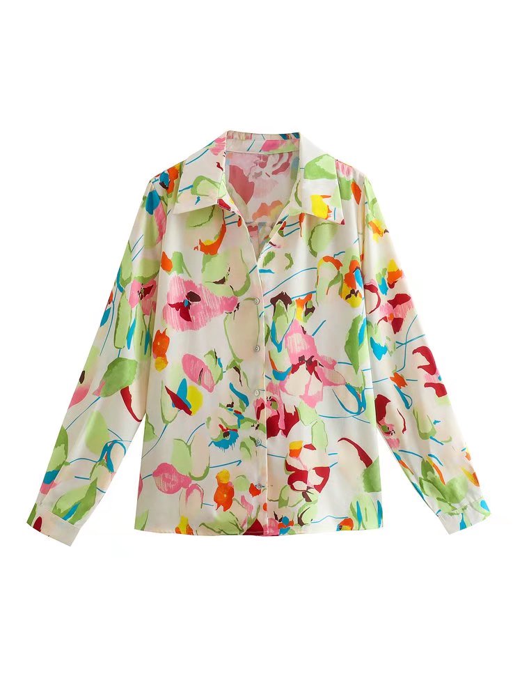 BerryBetty - Women Vintage Contrast Color Print Single Breasted Blouse Female Casual Satin Long Sleeve Thin Shirts Ladies Chic Tops