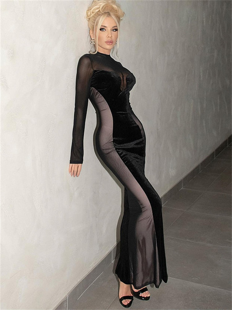 BerryBetty - Womens Fall Fashion Mesh Patchwork O Neck Long Sleeve Maxi Dress Women Autumn Winter Elegant Sexy See Through Party Dresses Club Outfits