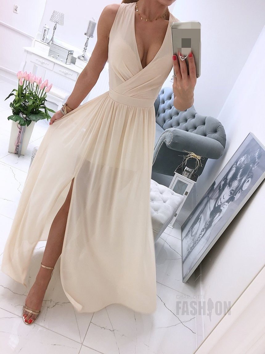 BerryBetty - Sexy Long Evening Dress Elegant Dress For Women V-neck Side Split Party Dresses Female Summer Fashion Casual Club Ladies Clothes