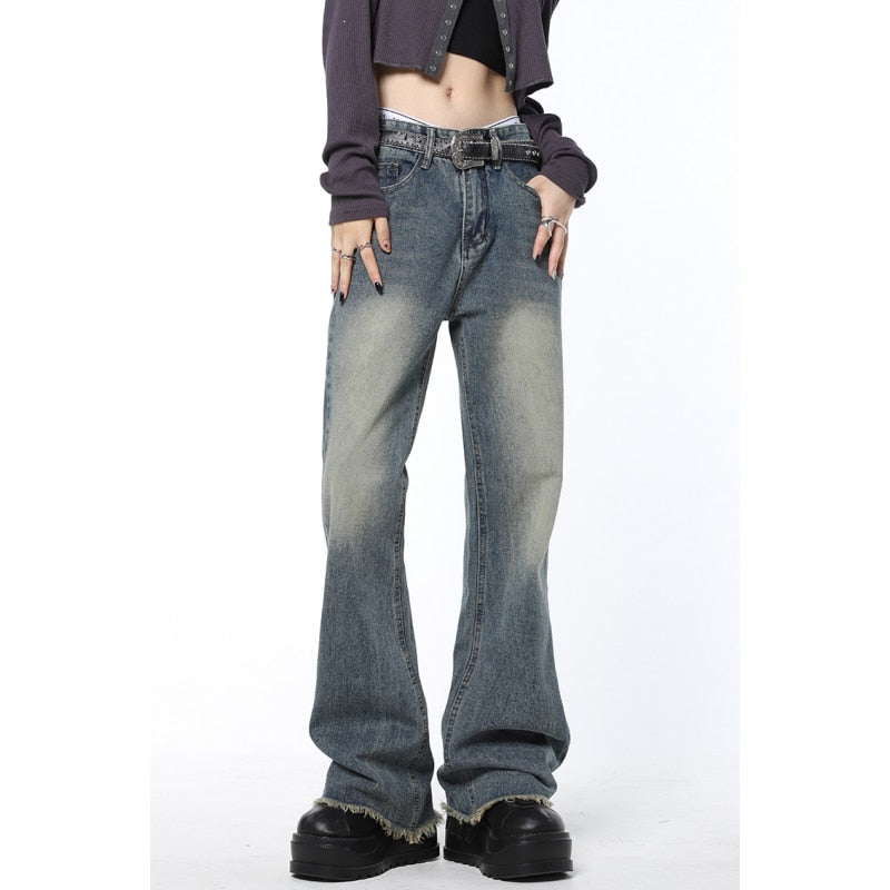 BerryBetty - Vintage Blue High Waist Women Jeans Stars American Fashion Streetwear Wide Leg Jean Female Trouser Straight Baggy Denim Pants