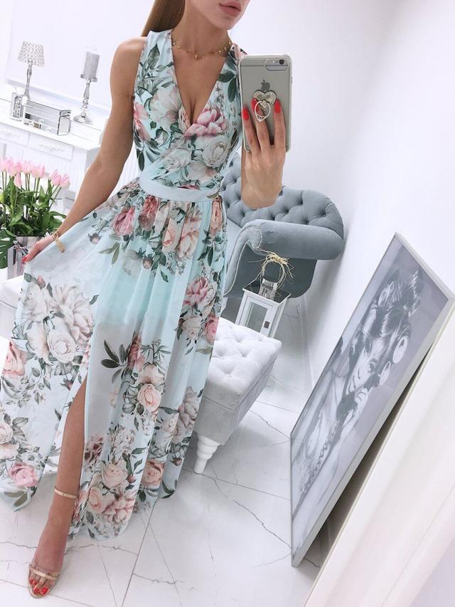 BerryBetty - Sexy Long Evening Dress Elegant Dress For Women V-neck Side Split Party Dresses Female Summer Fashion Casual Club Ladies Clothes