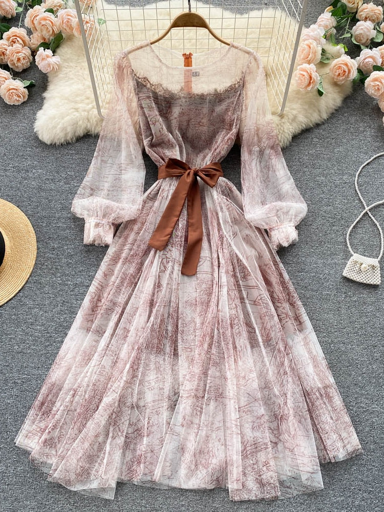BerryBetty - Elegant Women Mesh Dress Vintage Lantern Sleeves Printed Party Dresses Spring Summer Patchwork A Line Bandage Beach Dress