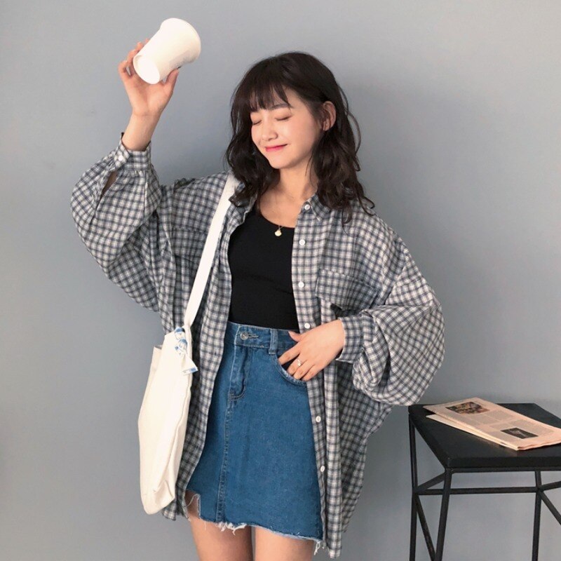 BerryBetty - Single Breasted Loose Plaid Shirt