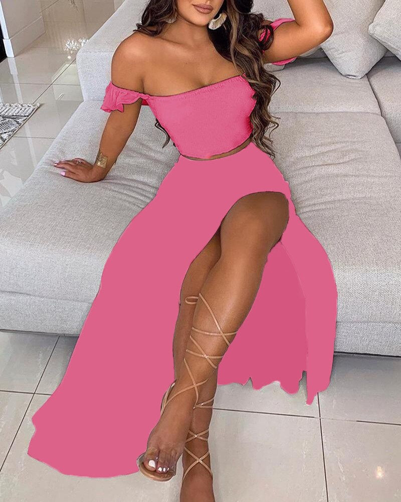 BerryBetty - Off Shoulder Women Two Piece Set Sexy Slash Neck Top and Slit Summer Long Party Dress Suits Spring Floral Print Skirts Sets