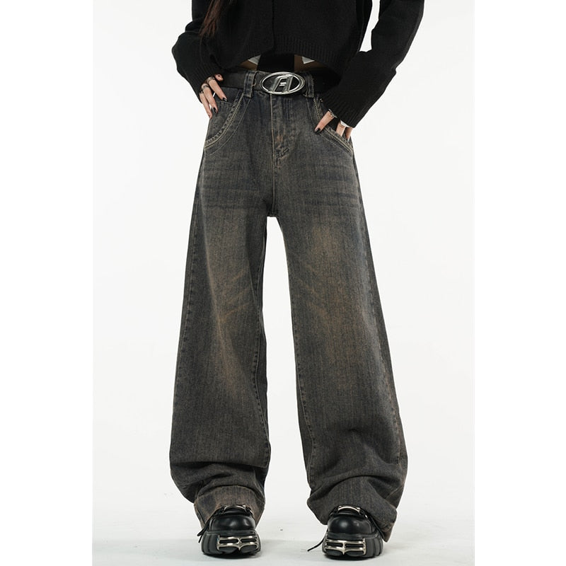 BerryBetty - Winter Vintage Dark Blue High Waist Women Jeans American Fashion Streetwear Wide Leg Denim Trouser Straight Baggy Denim Pants