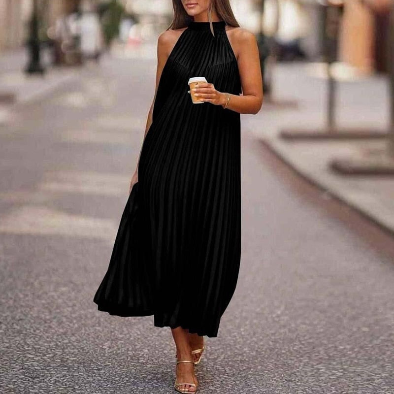 BerryBetty - 2024 Fashion Women O Neck Long Dress Spring/Summer Casual Sleeveless Boho Pleated Dresses Lady Elegant Loose Beach Party Dresses