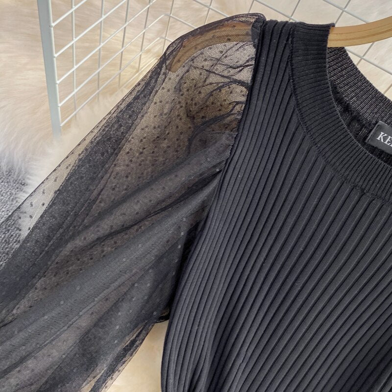 BerryBetty - Elegant Mesh Knitted Stitching Dress Women Vintage Puff Sleeve Round Neck A Line Party Dresses Ladies Bandage Printing Dress