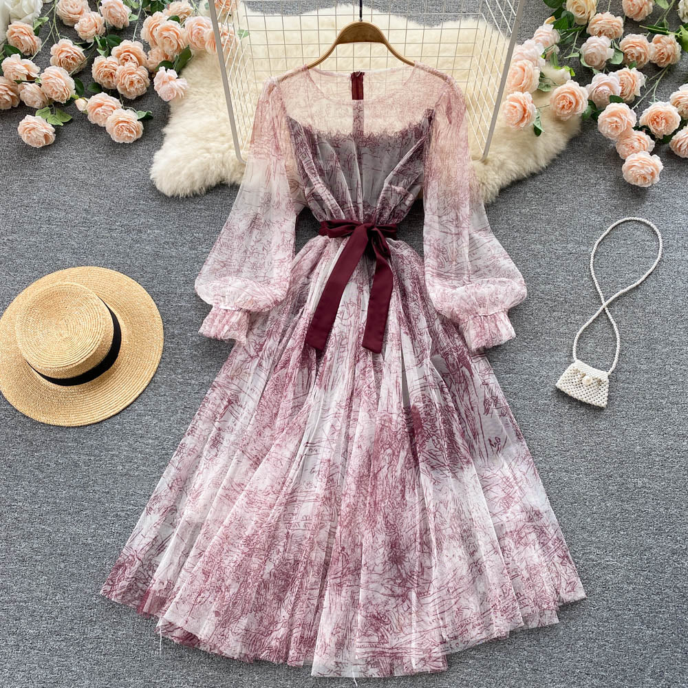 BerryBetty - Elegant Women Mesh Dress Vintage Lantern Sleeves Printed Party Dresses Spring Summer Patchwork A Line Bandage Beach Dress