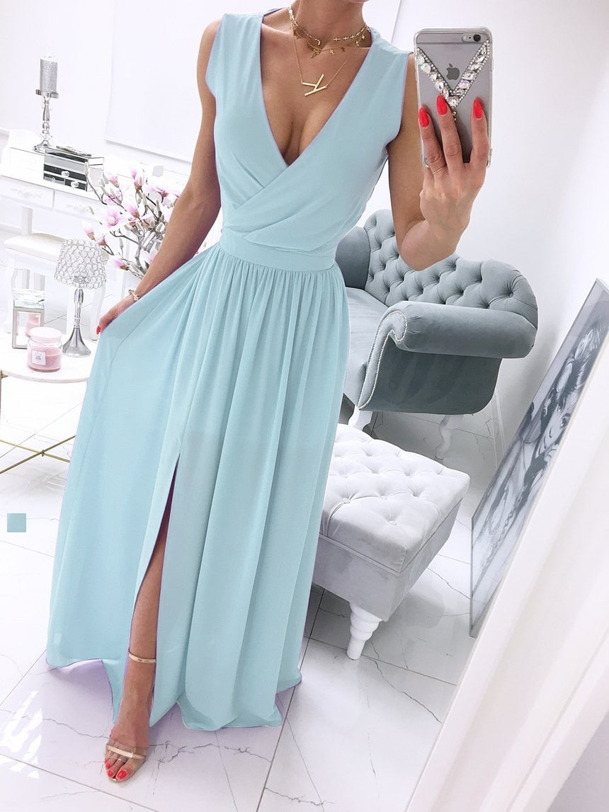 BerryBetty - Sexy Long Evening Dress Elegant Dress For Women V-neck Side Split Party Dresses Female Summer Fashion Casual Club Ladies Clothes