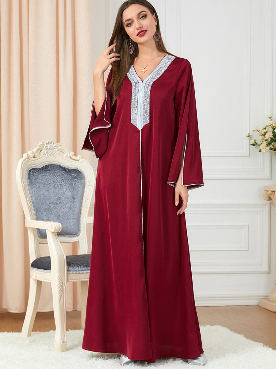 BerryBetty - Party Dress Muslim Women Abaya Prayer Caftan V Neck Diamond Maxi Dresses Robe India Abayas Dubai Longue Vestidos Largos