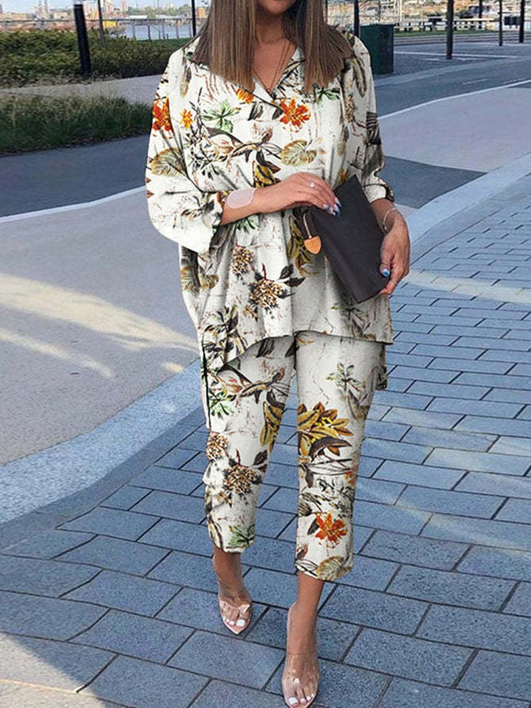 BerryBetty - Summer Outfits Vintage Floral Print Casual Outfits Women Summer Long Sleeve Blouse And Pants Sets Cotton Linen Female Elegant Two Piece Suits