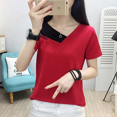 BerryBetty - Fake Two Piece Tops Women T-Shirt Off Shoulder Tshirt Short Sleeve V-Neck Korea Fashion Summer Cotton Tee Shirt Femme