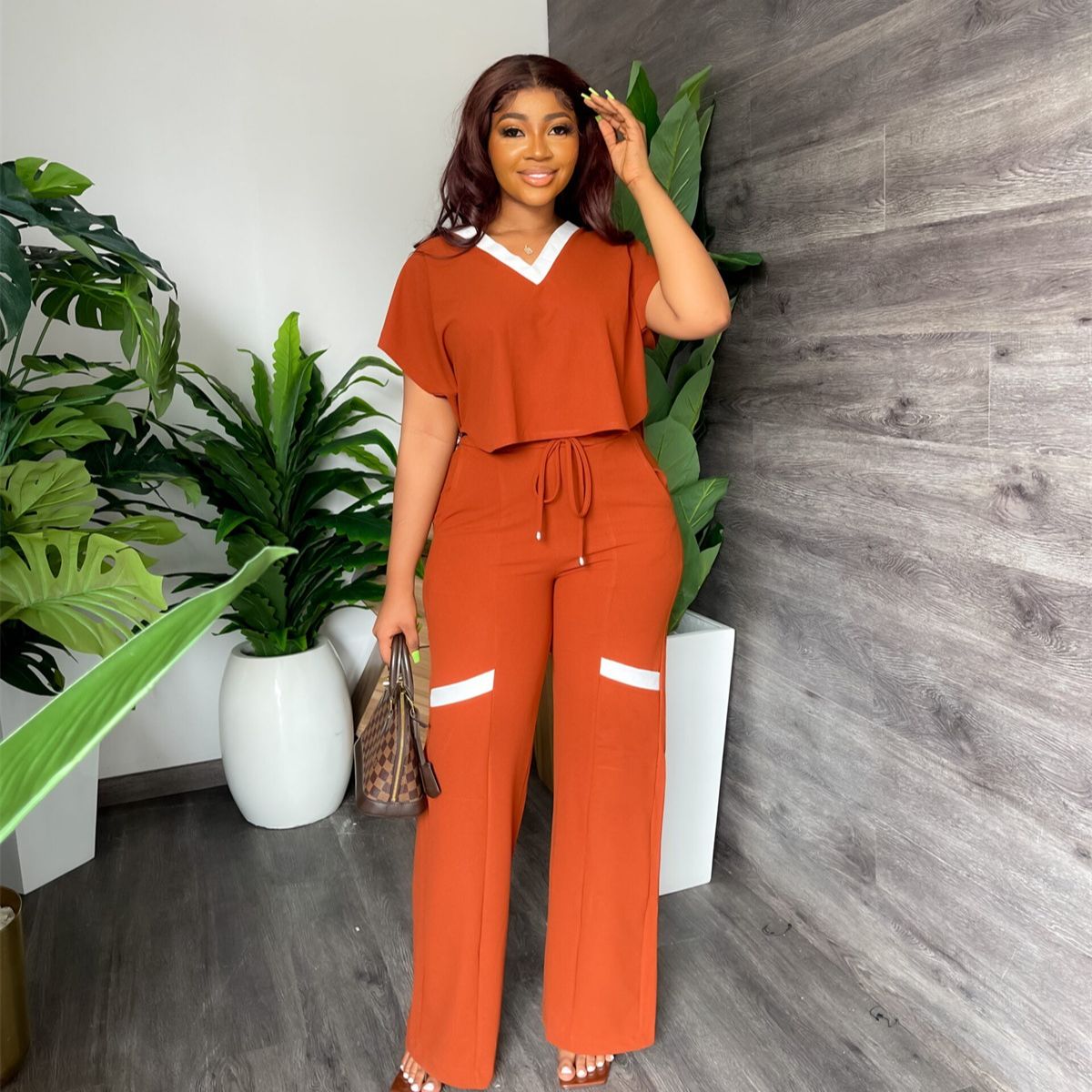 BerryBetty - Summer Fashion Casual Two Piece Set Women V Neck Short-sleeved T-shirt Elastic Straight Pants Two Piece Suit Women