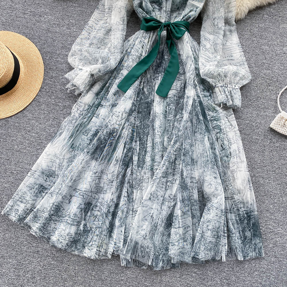 BerryBetty - Elegant Women Mesh Dress Vintage Lantern Sleeves Printed Party Dresses Spring Summer Patchwork A Line Bandage Beach Dress