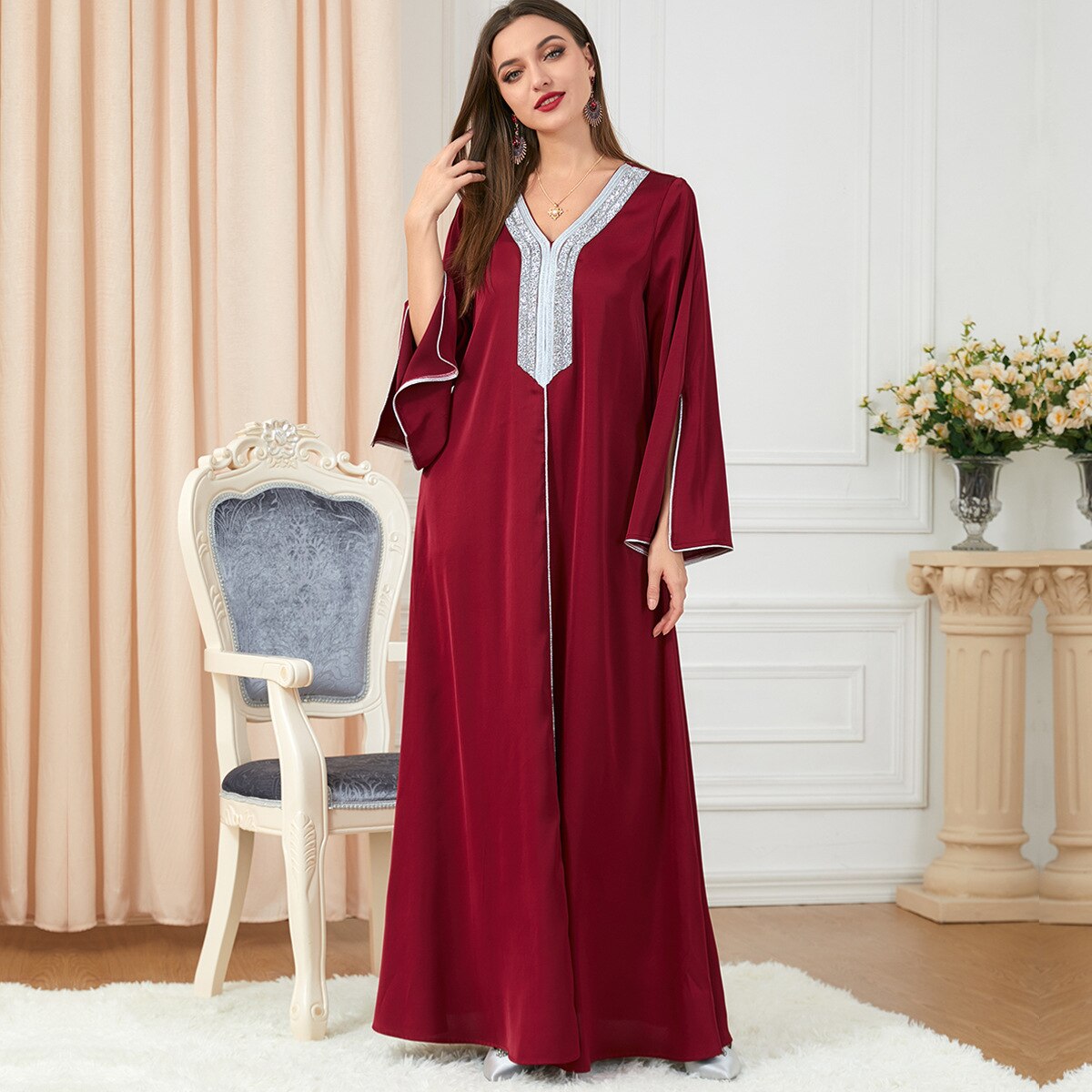 BerryBetty - Party Dress Muslim Women Abaya Prayer Caftan V Neck Diamond Maxi Dresses Robe India Abayas Dubai Longue Vestidos Largos