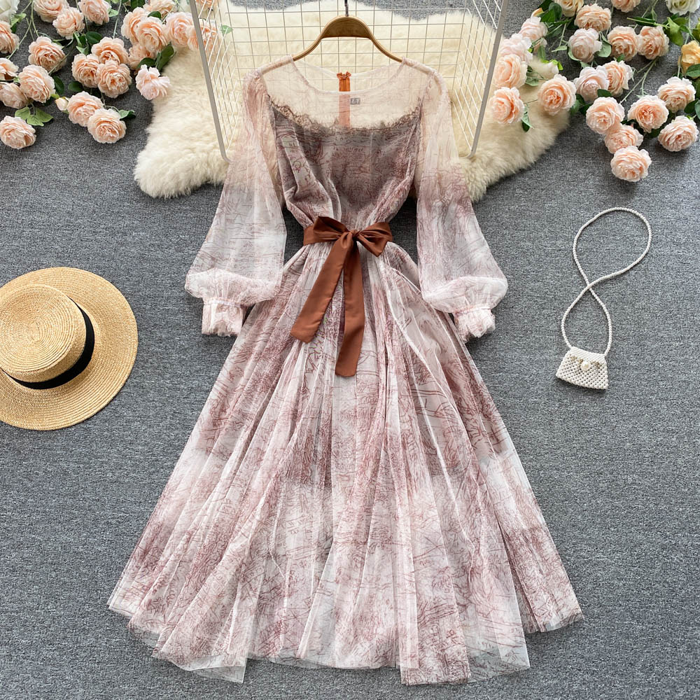 BerryBetty - Elegant Women Mesh Dress Vintage Lantern Sleeves Printed Party Dresses Spring Summer Patchwork A Line Bandage Beach Dress