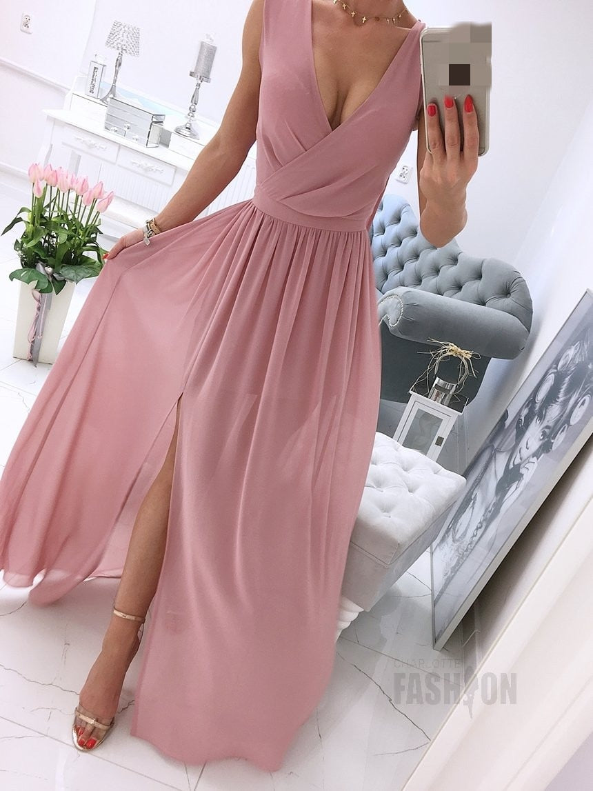 BerryBetty - Sexy Long Evening Dress Elegant Dress For Women V-neck Side Split Party Dresses Female Summer Fashion Casual Club Ladies Clothes