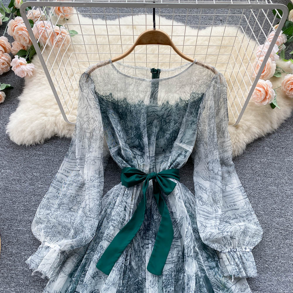 BerryBetty - Elegant Women Mesh Dress Vintage Lantern Sleeves Printed Party Dresses Spring Summer Patchwork A Line Bandage Beach Dress