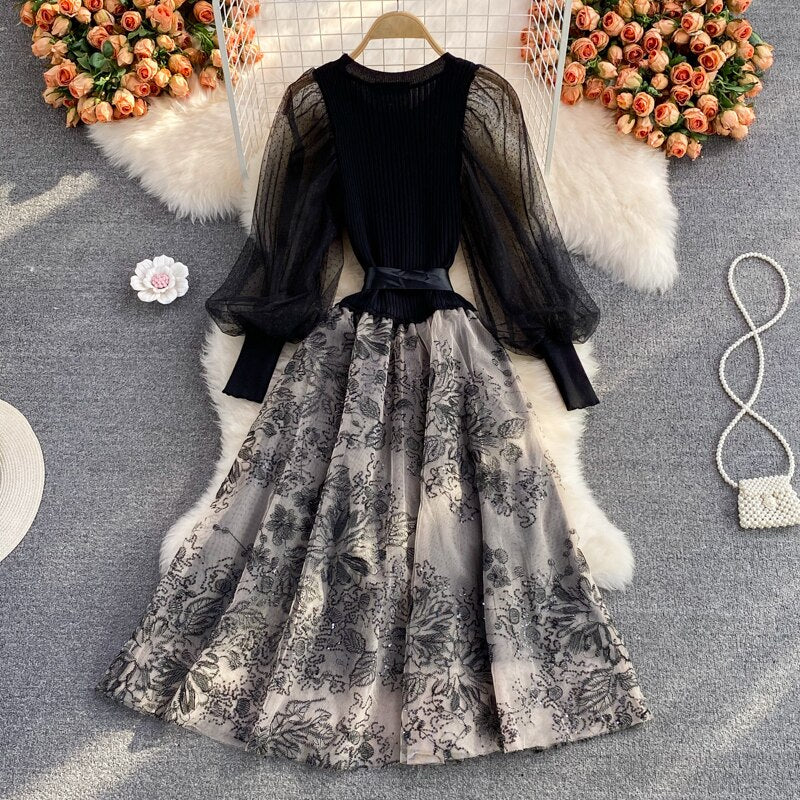 BerryBetty - Elegant Mesh Knitted Stitching Dress Women Vintage Puff Sleeve Round Neck A Line Party Dresses Ladies Bandage Printing Dress