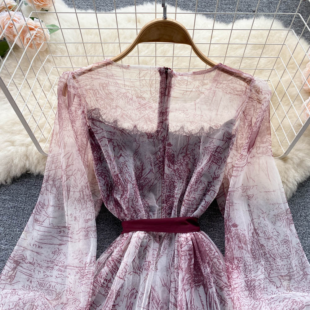 BerryBetty - Elegant Women Mesh Dress Vintage Lantern Sleeves Printed Party Dresses Spring Summer Patchwork A Line Bandage Beach Dress