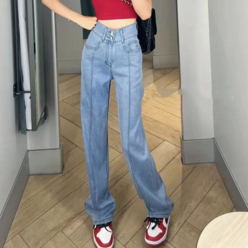 BerryBetty - Vintage Jeans for Women 2024 New High Waisted Korean Fashion 2 Button Slim Straight Jeans Streetwear Chic Casual Jeans