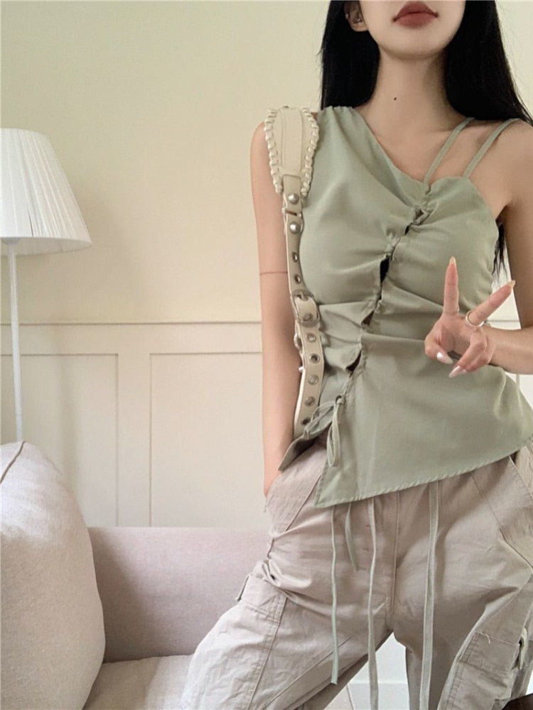 BerryBetty - 2024 Summer Korean Bandage Off Shoulder Tanks Y2k Crop Tops Irregular Blouse Casual Elegant Fashion Tees Sweet Women Camisole