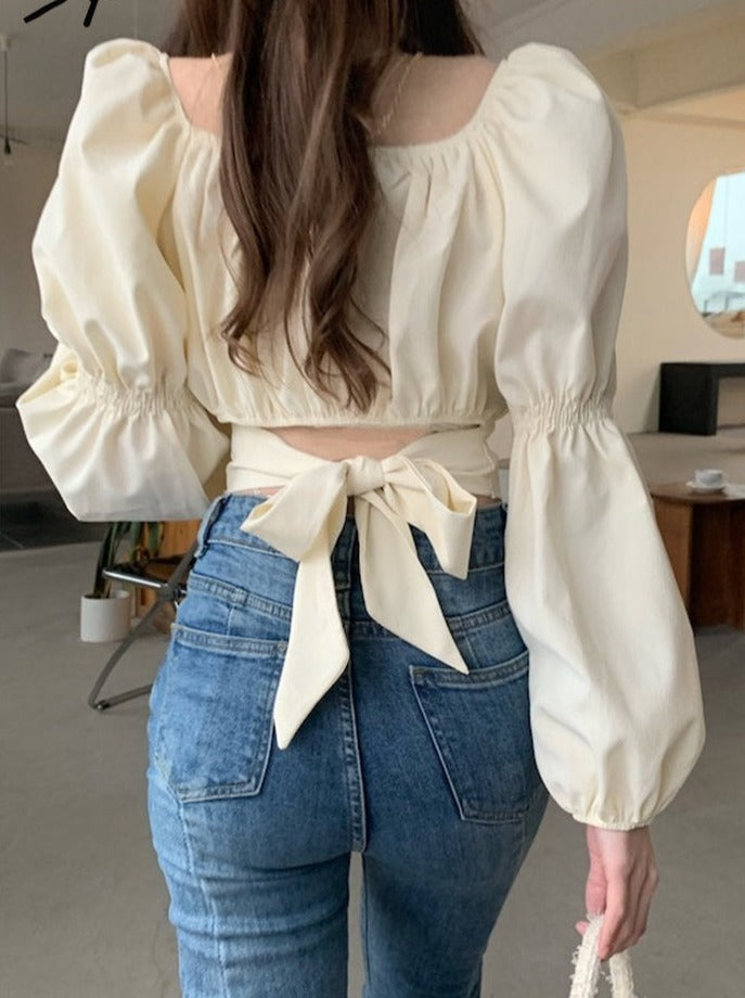 BerryBetty - Elegant Blouse Women Spring Summer 2024 New French Style Square Collar Puff Sleeve Chic Shirts Ladies Casual Crop Top