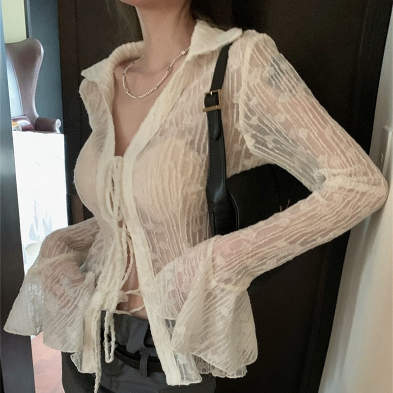 BerryBetty - Sexy Transparent Blouse Women Lace Korean Fashion Harajuku Long Sleeve See Through Black Goth Slim Shirts Y2k Aesthetic