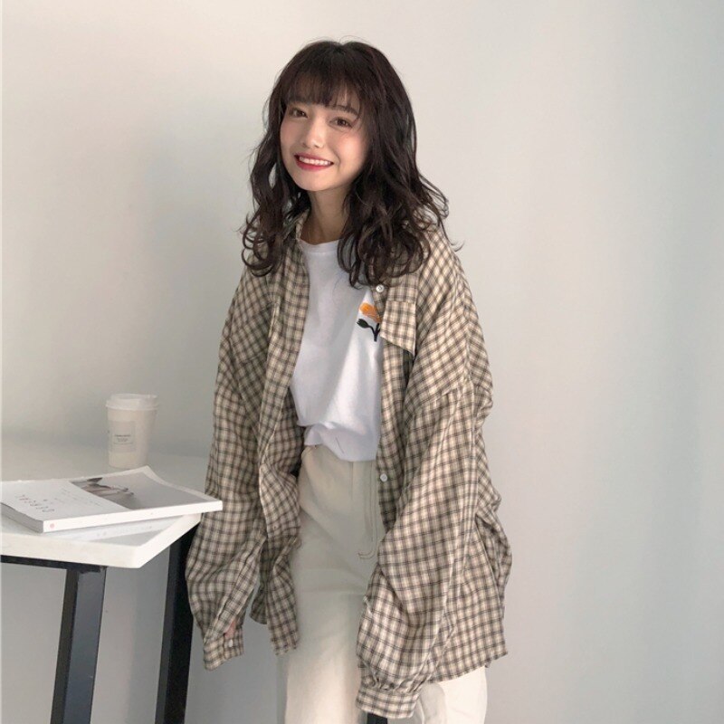 BerryBetty - Single Breasted Loose Plaid Shirt