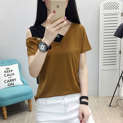 BerryBetty - Fake Two Piece Tops Women T-Shirt Off Shoulder Tshirt Short Sleeve V-Neck Korea Fashion Summer Cotton Tee Shirt Femme