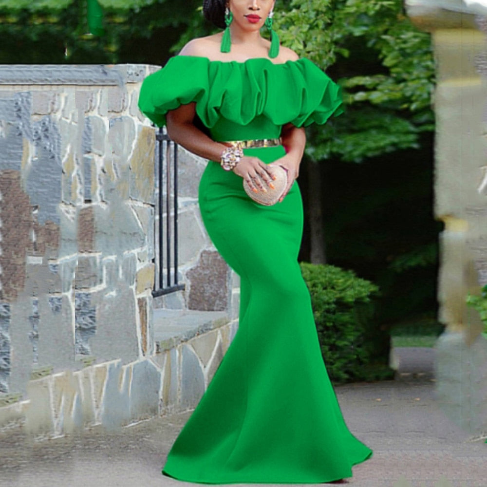 BerryBetty - Women Long Party Dresses Mermaid Slim Christmas Bare Shoulder Puffy Bright Green Big Size Wedding Evening Occasions Gowns Robes