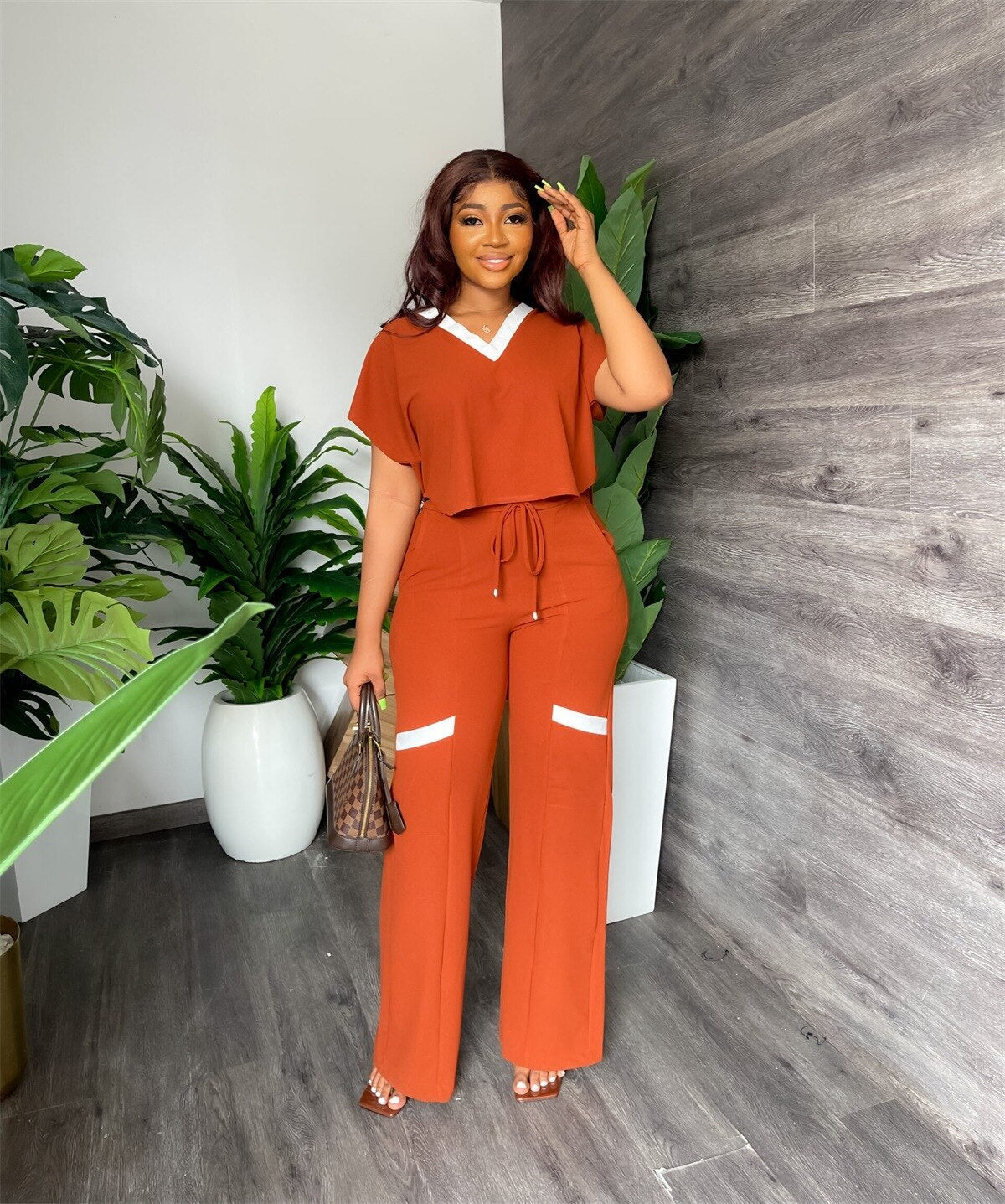 BerryBetty - Summer Fashion Casual Two Piece Set Women V Neck Short-sleeved T-shirt Elastic Straight Pants Two Piece Suit Women