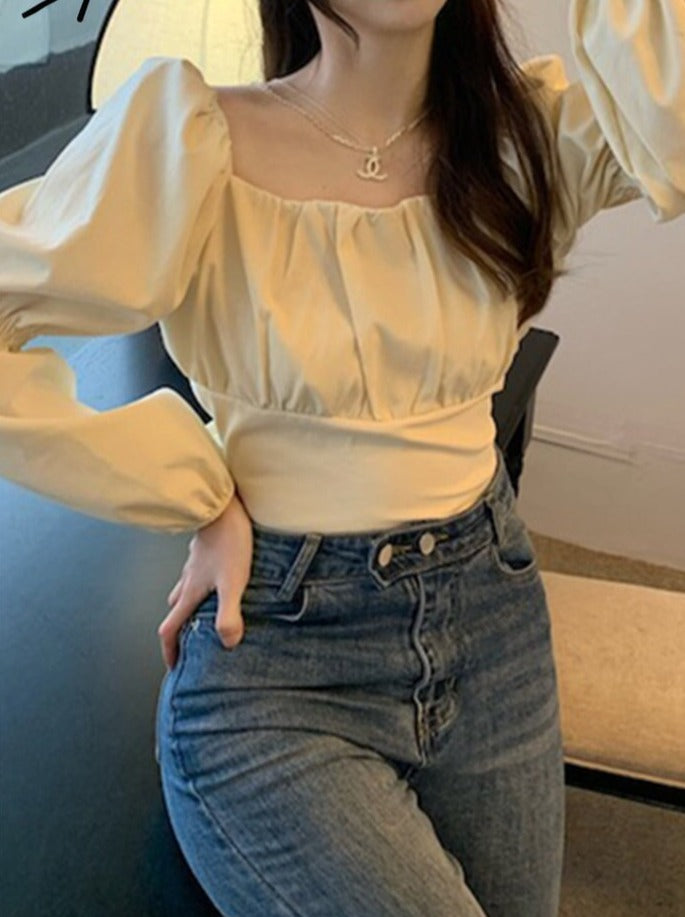 BerryBetty - Elegant Blouse Women Spring Summer 2024 New French Style Square Collar Puff Sleeve Chic Shirts Ladies Casual Crop Top