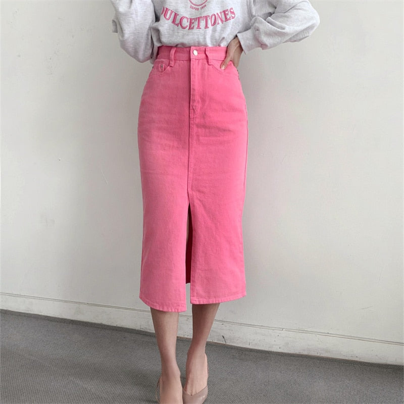 BerryBetty - Split Jeans Skirt for Women 2024 New High Waisted Slim Korean Fashion Chic Pencil Skirt Vintage Casual Prink Midi Skirt