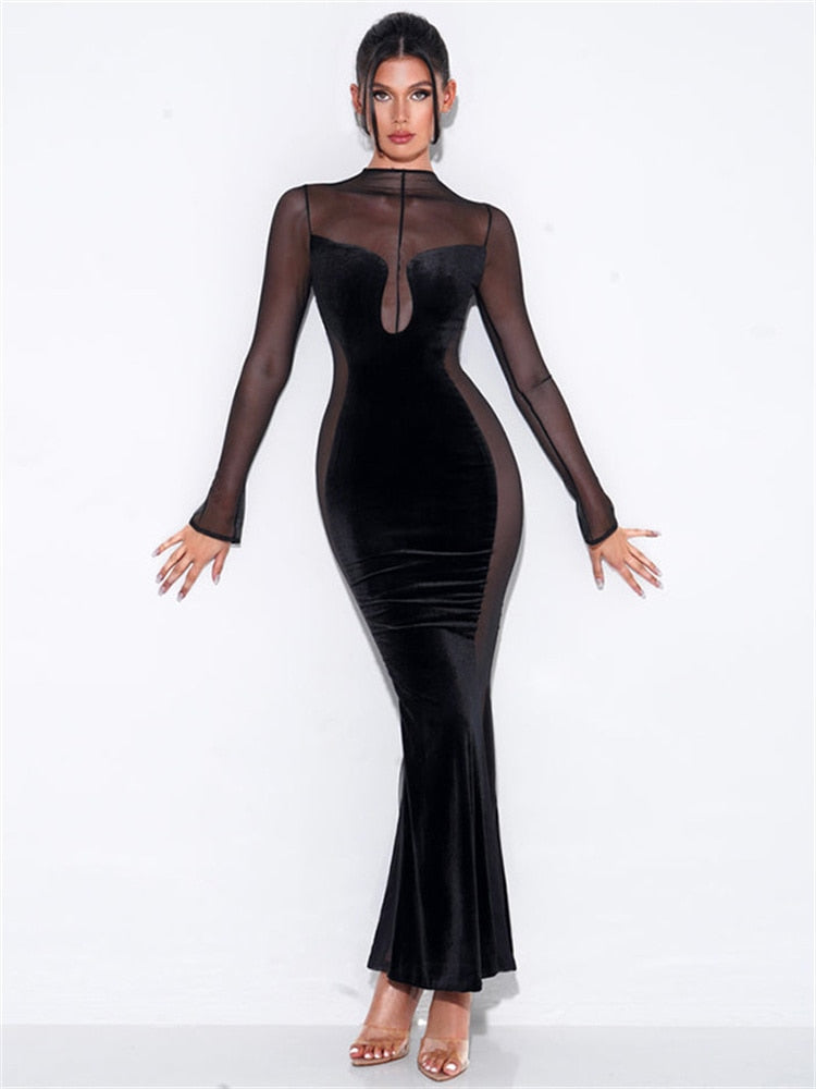 BerryBetty - Womens Fall Fashion Mesh Patchwork O Neck Long Sleeve Maxi Dress Women Autumn Winter Elegant Sexy See Through Party Dresses Club Outfits