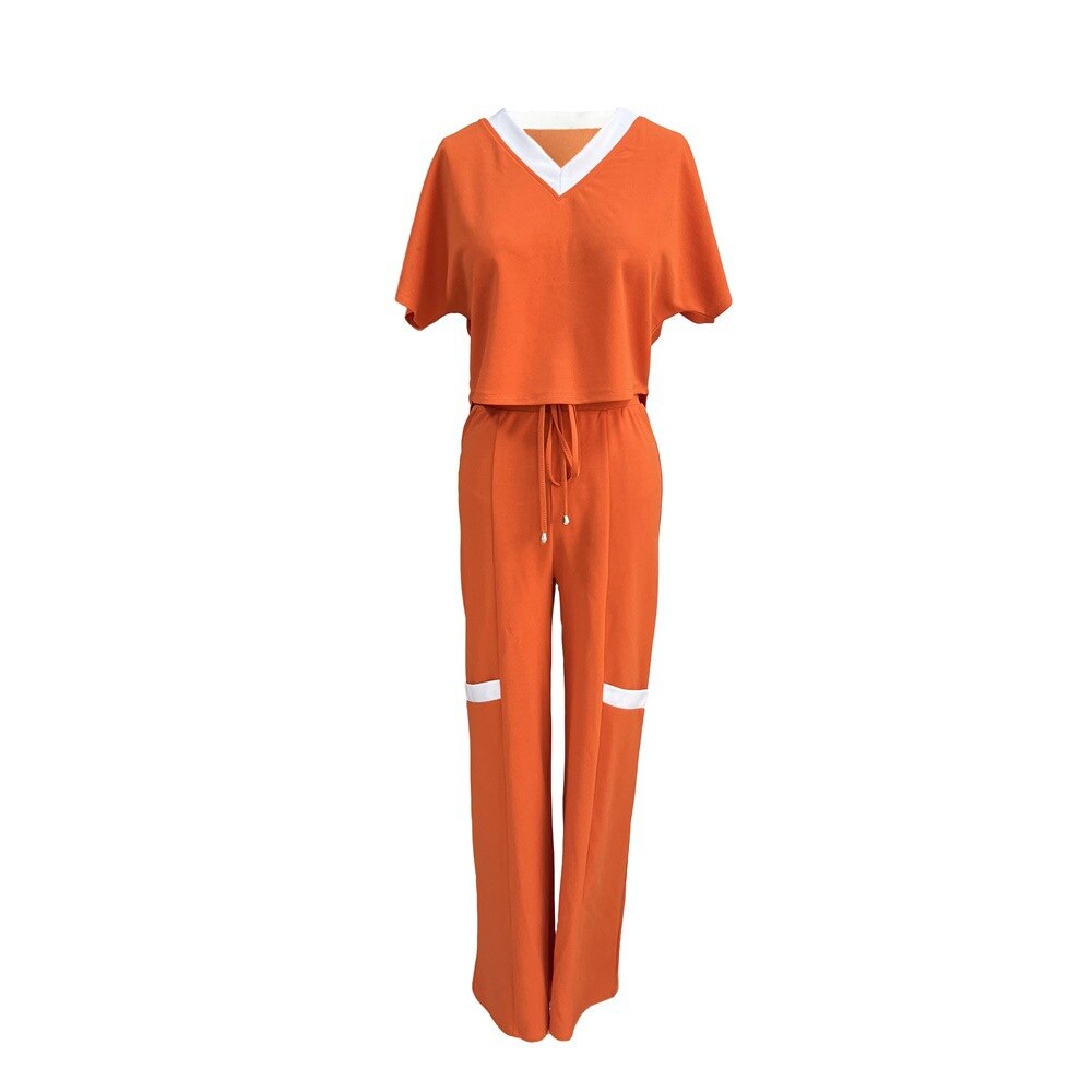 BerryBetty - Summer Fashion Casual Two Piece Set Women V Neck Short-sleeved T-shirt Elastic Straight Pants Two Piece Suit Women