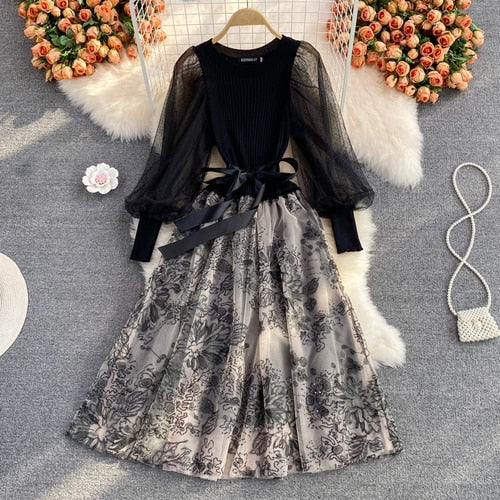 BerryBetty - Elegant Mesh Knitted Stitching Dress Women Vintage Puff Sleeve Round Neck A Line Party Dresses Ladies Bandage Printing Dress
