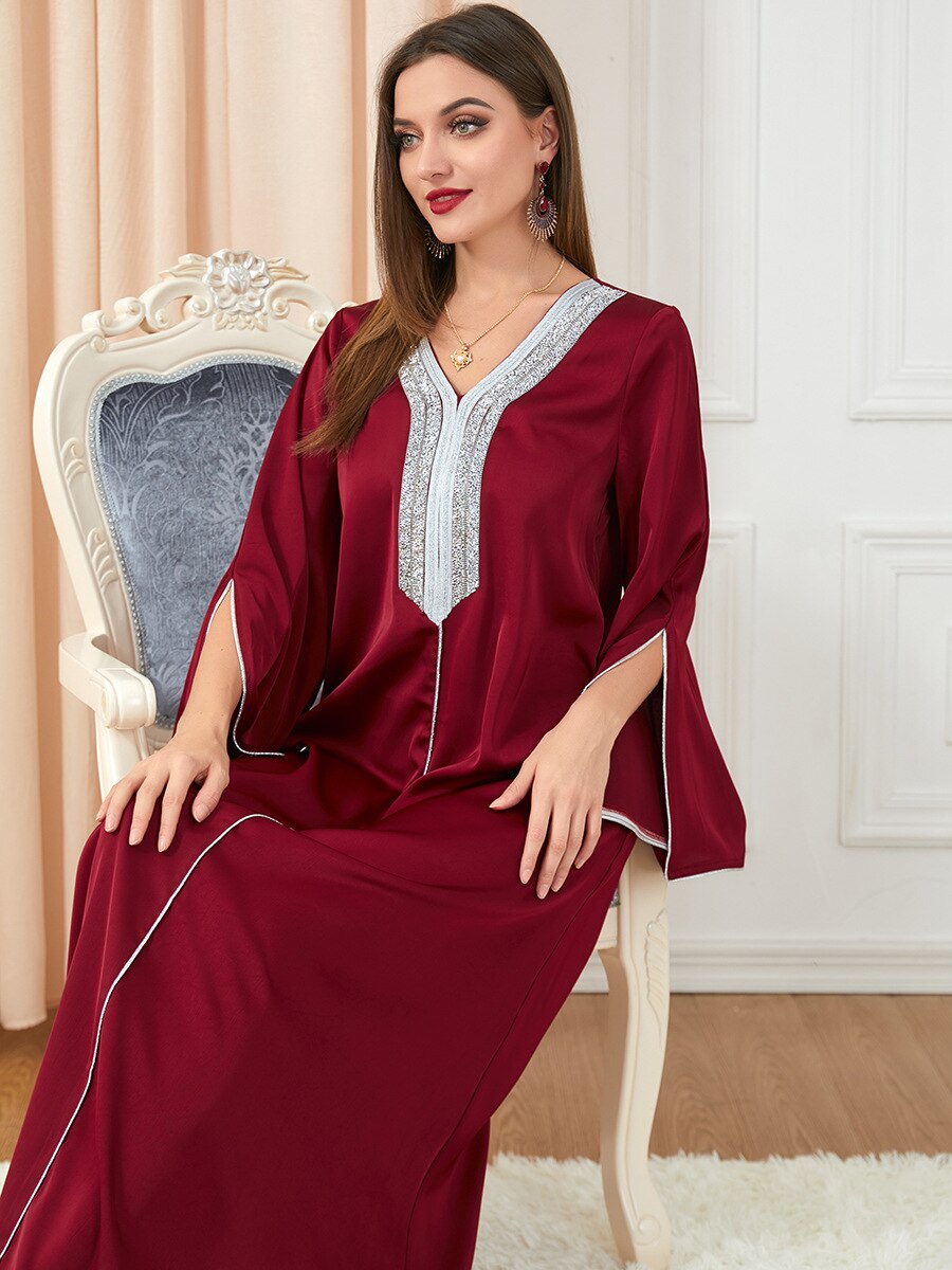 BerryBetty - Party Dress Muslim Women Abaya Prayer Caftan V Neck Diamond Maxi Dresses Robe India Abayas Dubai Longue Vestidos Largos