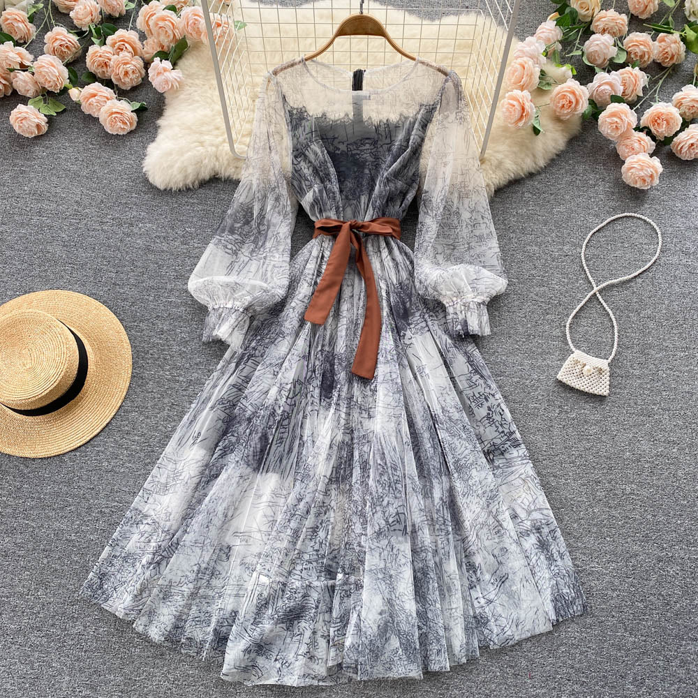 BerryBetty - Elegant Women Mesh Dress Vintage Lantern Sleeves Printed Party Dresses Spring Summer Patchwork A Line Bandage Beach Dress