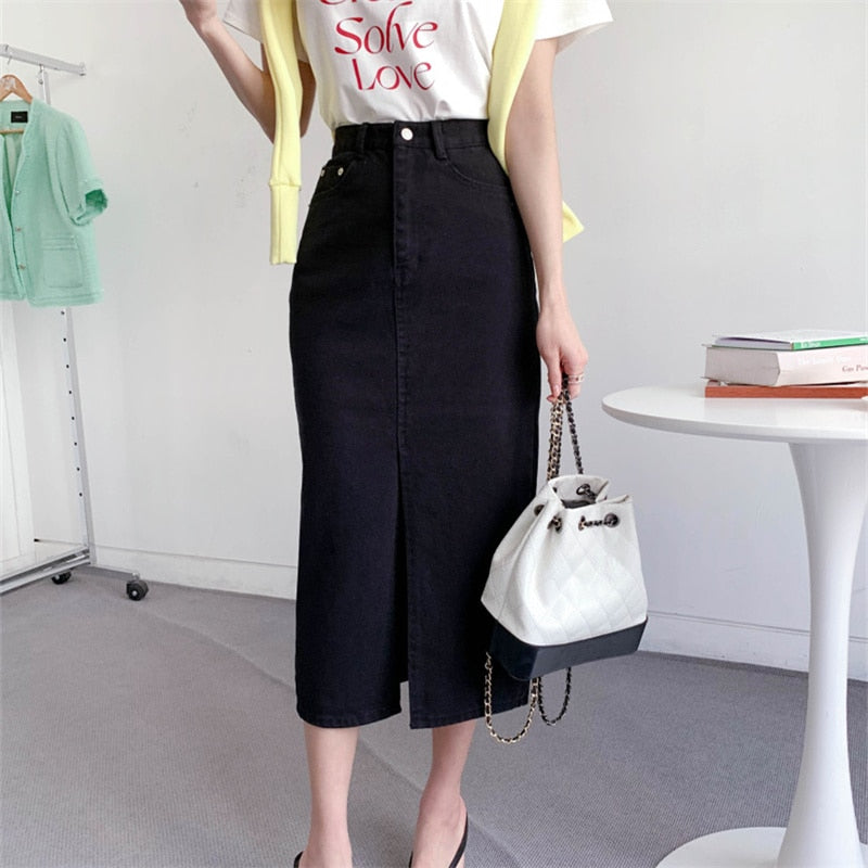 BerryBetty - Split Jeans Skirt for Women 2024 New High Waisted Slim Korean Fashion Chic Pencil Skirt Vintage Casual Prink Midi Skirt