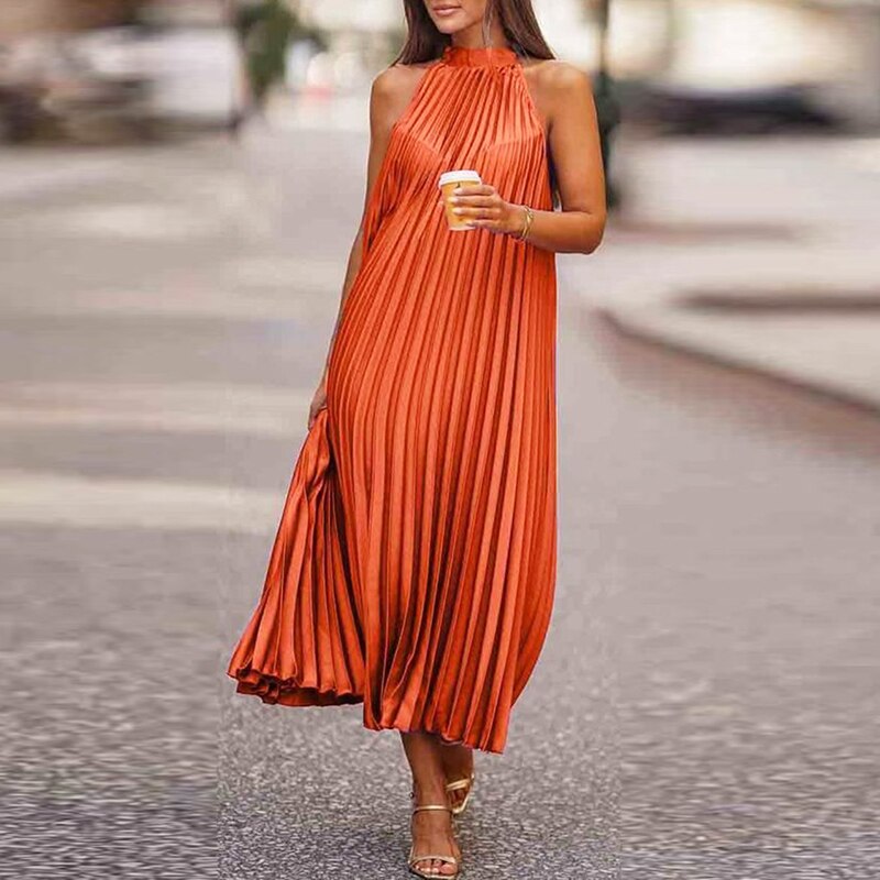 BerryBetty - 2024 Fashion Women O Neck Long Dress Spring/Summer Casual Sleeveless Boho Pleated Dresses Lady Elegant Loose Beach Party Dresses