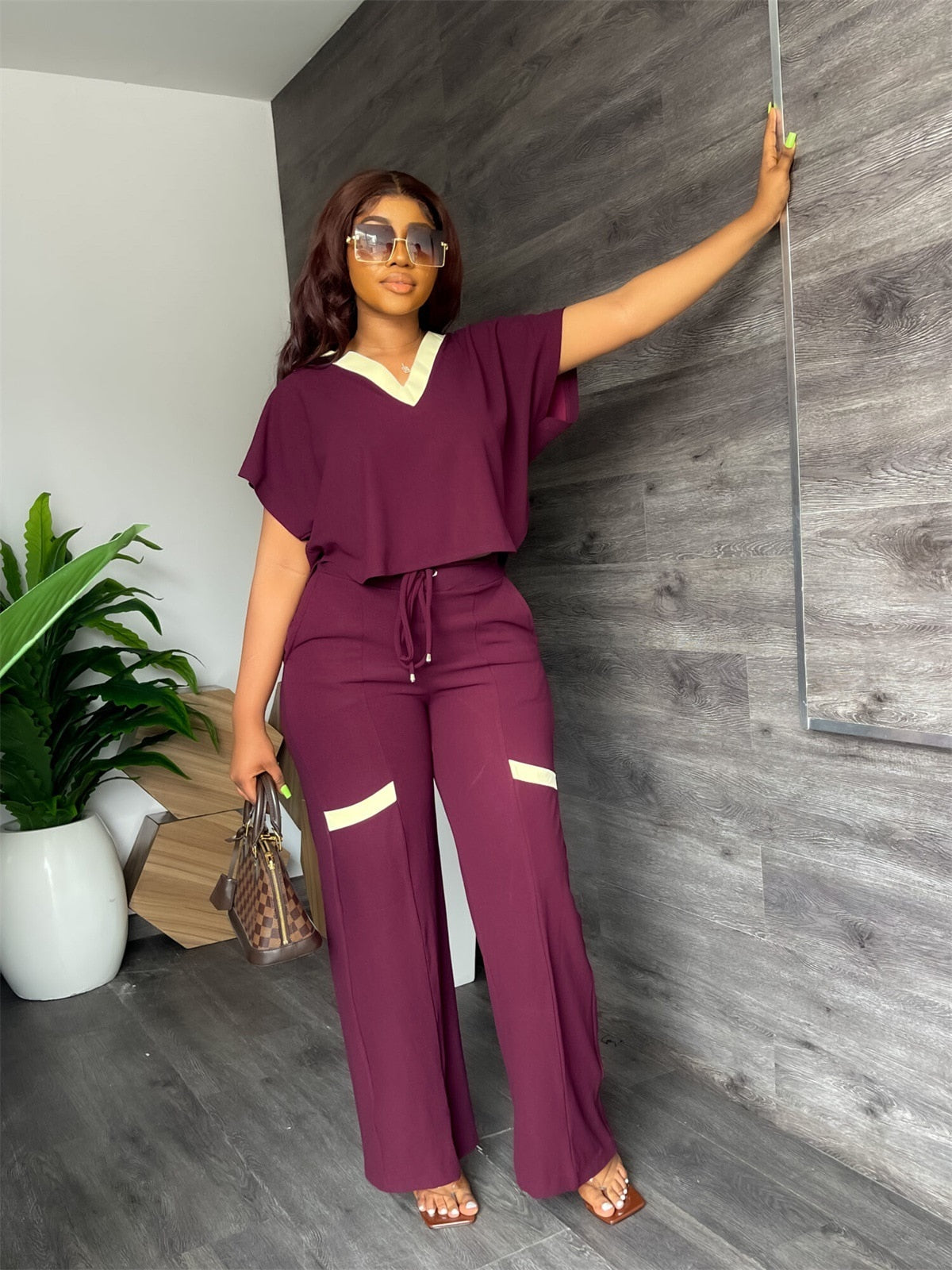 BerryBetty - Summer Fashion Casual Two Piece Set Women V Neck Short-sleeved T-shirt Elastic Straight Pants Two Piece Suit Women