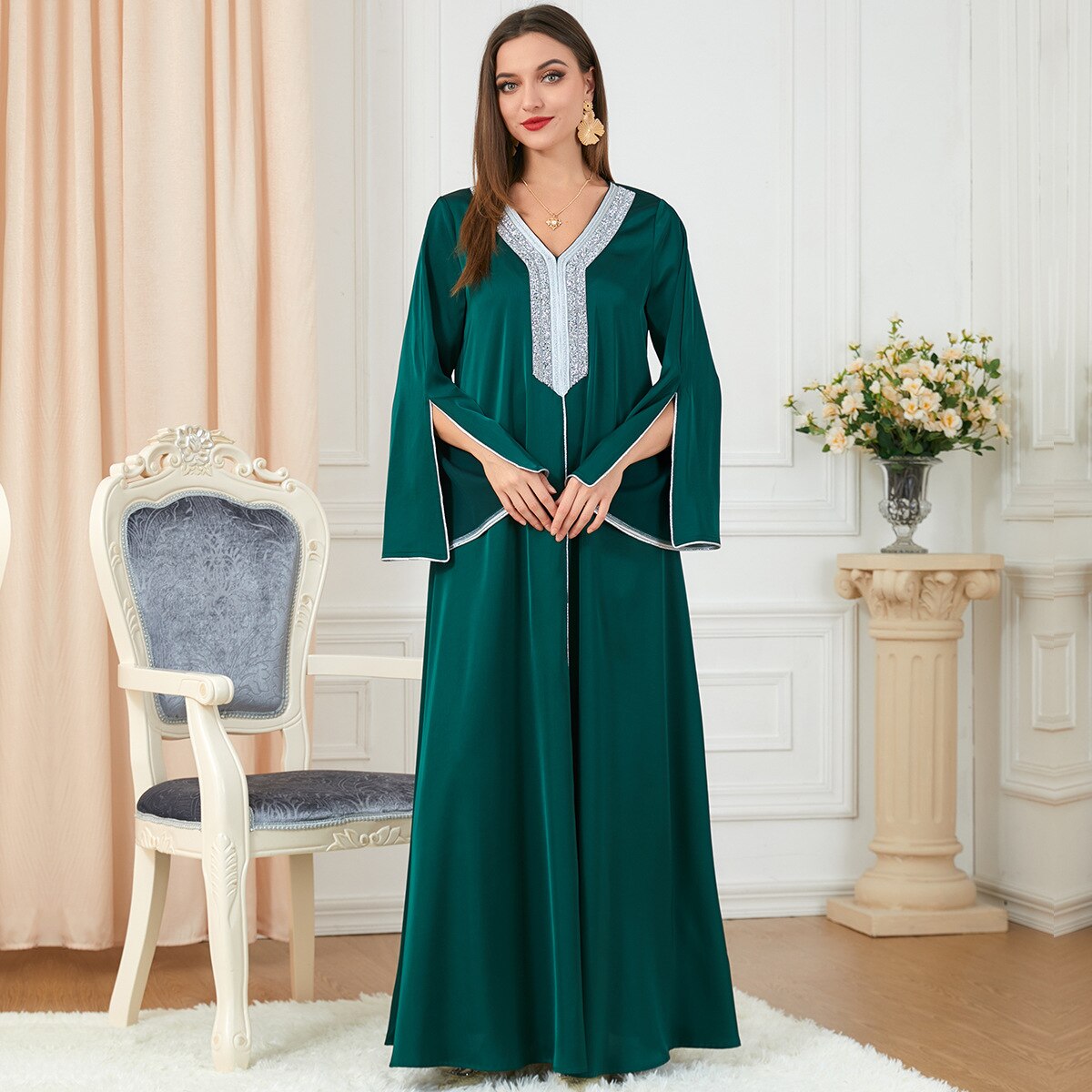 BerryBetty - Party Dress Muslim Women Abaya Prayer Caftan V Neck Diamond Maxi Dresses Robe India Abayas Dubai Longue Vestidos Largos