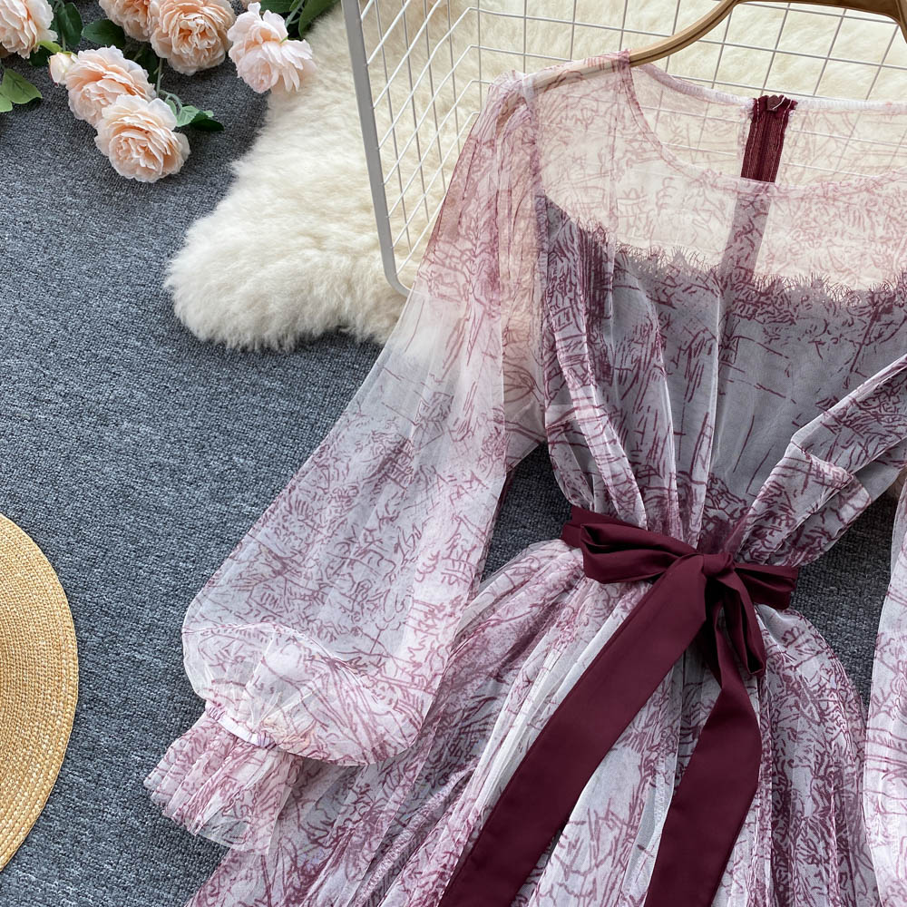 BerryBetty - Elegant Women Mesh Dress Vintage Lantern Sleeves Printed Party Dresses Spring Summer Patchwork A Line Bandage Beach Dress