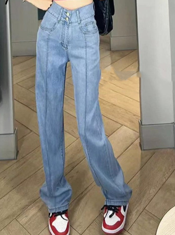 BerryBetty - Vintage Jeans for Women 2024 New High Waisted Korean Fashion 2 Button Slim Straight Jeans Streetwear Chic Casual Jeans